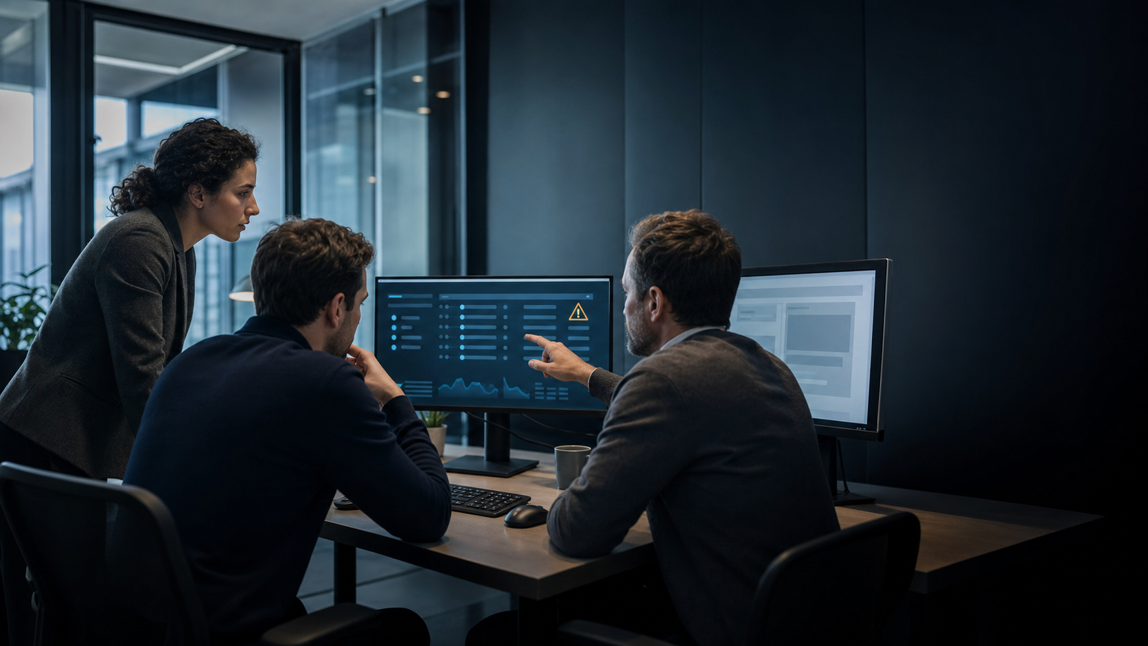Three IT professionals review an AI-agent workflow and a security alert on office monitors